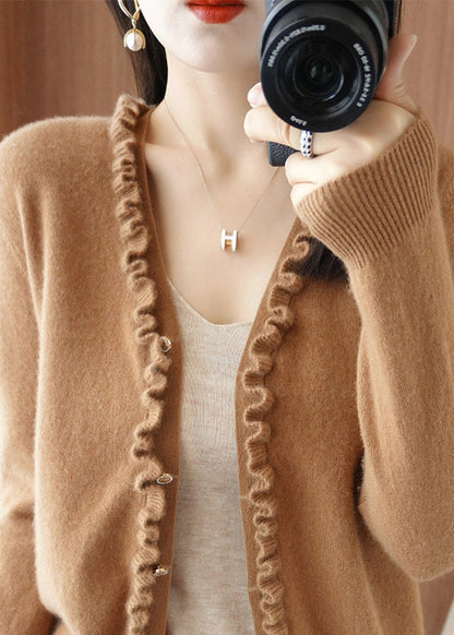 Fashion Yellow Camel Colour V Neck Thick Cashmere Knit Cardigans Long Sleeve