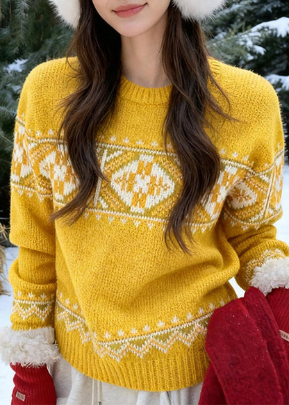 Fashion Yellow Cozy Thick Print Cotton Knit Sweaters Spring