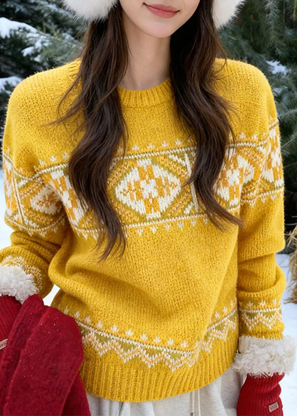 Fashion Yellow Cozy Thick Print Cotton Knit Sweaters Spring