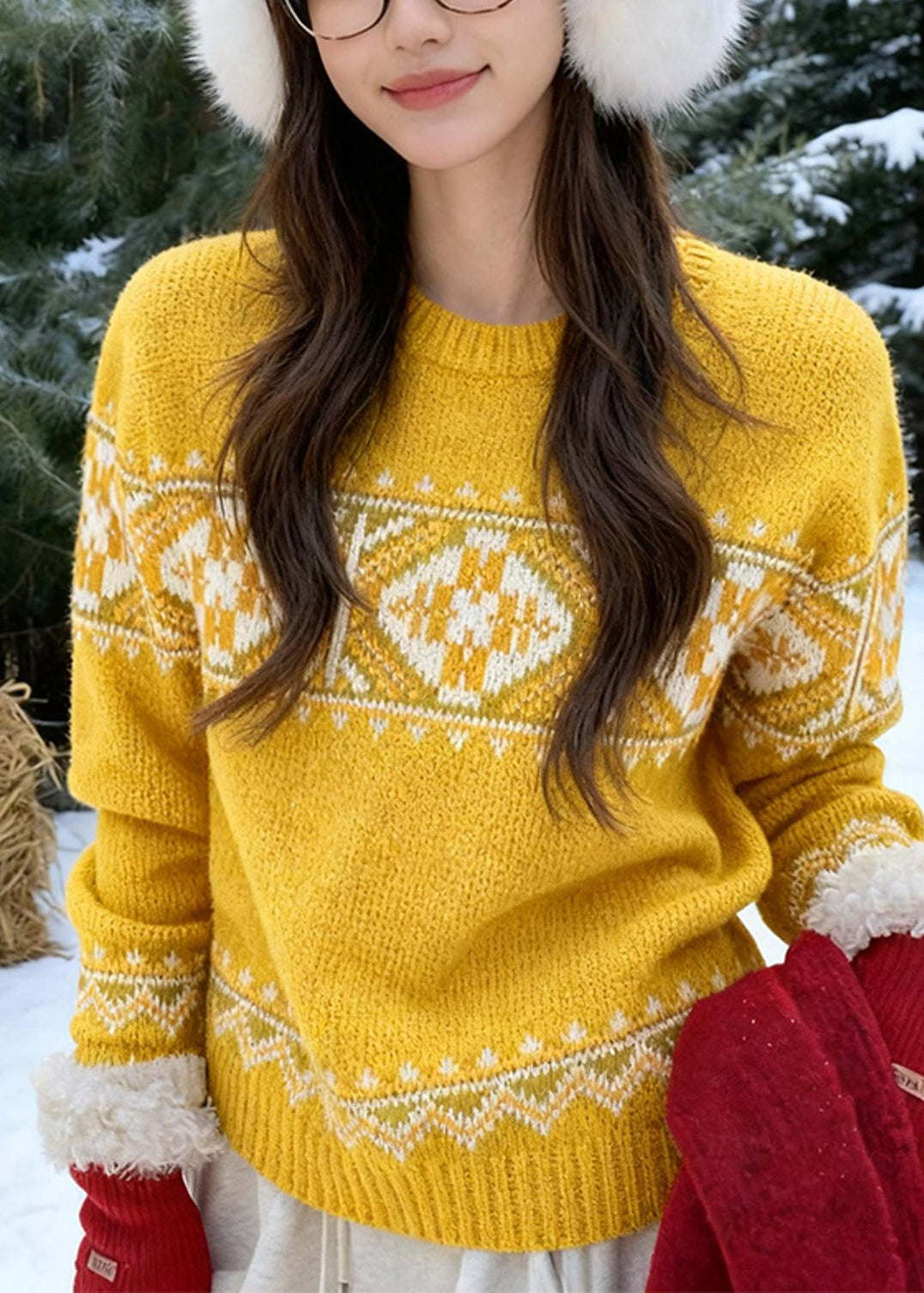 Fashion Yellow Cozy Thick Print Cotton Knit Sweaters Spring