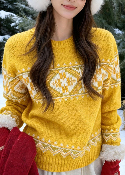Fashion Yellow Cozy Thick Print Cotton Knit Sweaters Spring