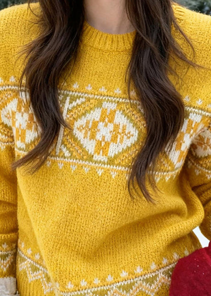 Fashion Yellow Cozy Thick Print Cotton Knit Sweaters Spring