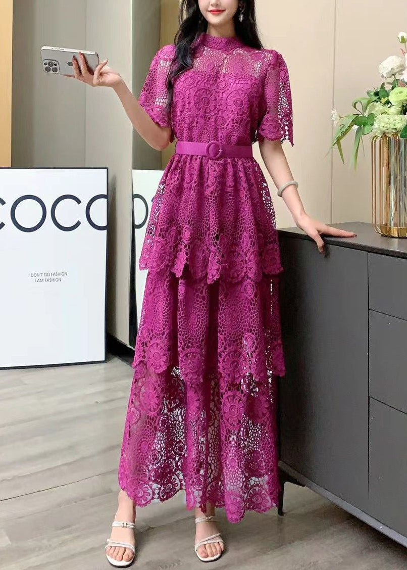 Fashion Yellow Embroidered Tie Waist Patchwork Lace Dress Summer