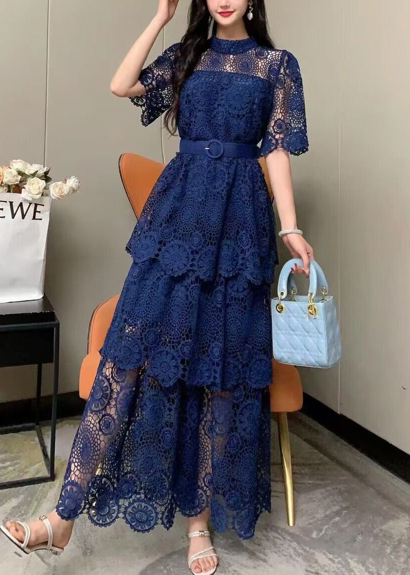 Fashion Yellow Embroidered Tie Waist Patchwork Lace Dress Summer