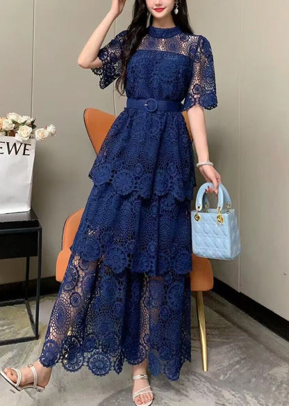 Fashion Yellow Embroidered Tie Waist Patchwork Lace Dress Summer