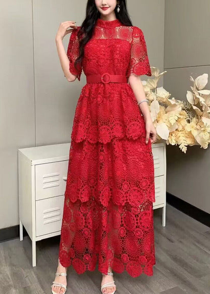 Fashion Yellow Embroidered Tie Waist Patchwork Lace Dress Summer