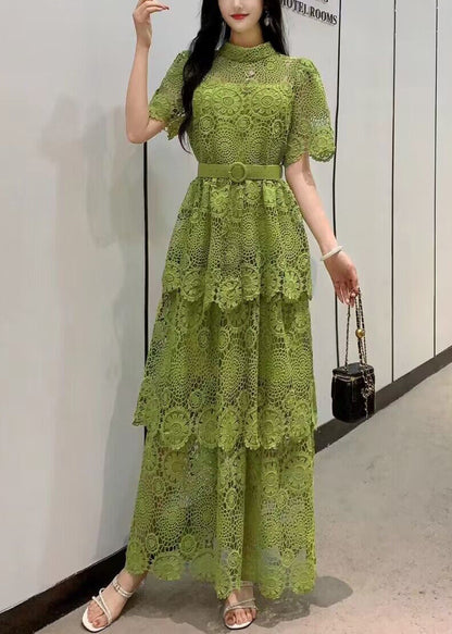 Fashion Yellow Embroidered Tie Waist Patchwork Lace Dress Summer