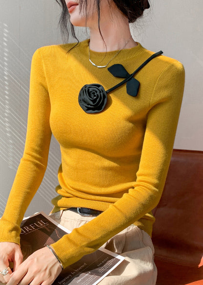 Fashion Yellow Floral Decorated Silm Fit Knit Tops Spring