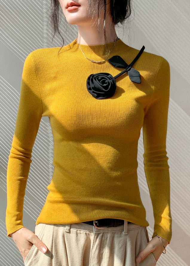 Fashion Yellow Floral Decorated Silm Fit Knit Tops Spring