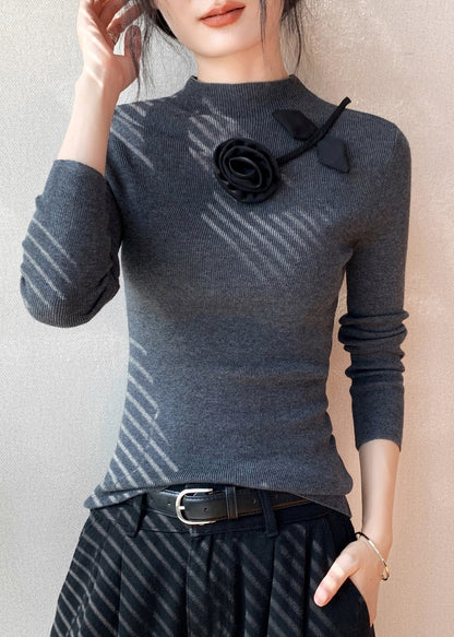 Fashion Yellow Floral Decorated Silm Fit Knit Tops Spring