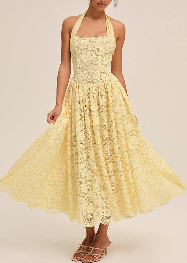 Fashion Yellow Hanging Neck Backless Lace Strapless Dress