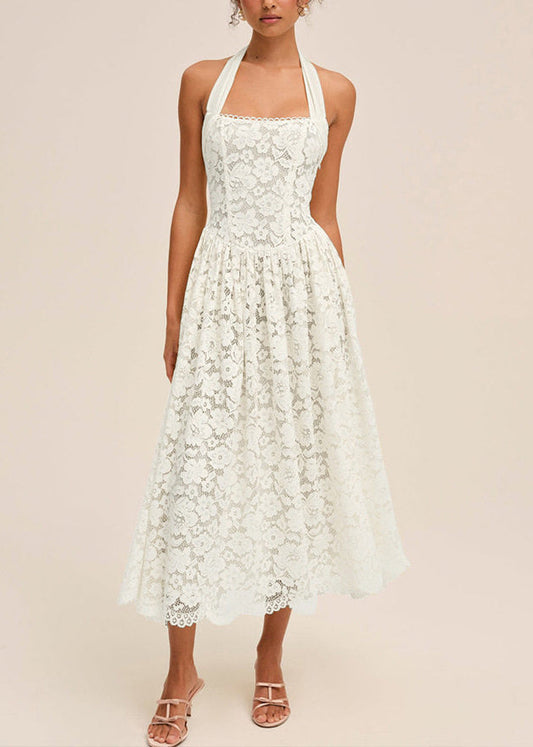 Fashion Yellow Hanging Neck Backless Lace Strapless Dress