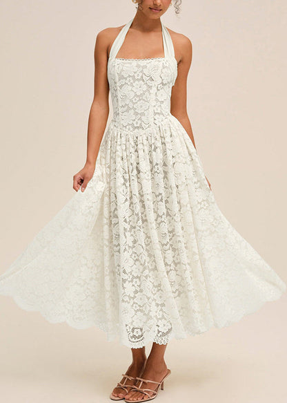 Fashion Yellow Hanging Neck Backless Lace Strapless Dress