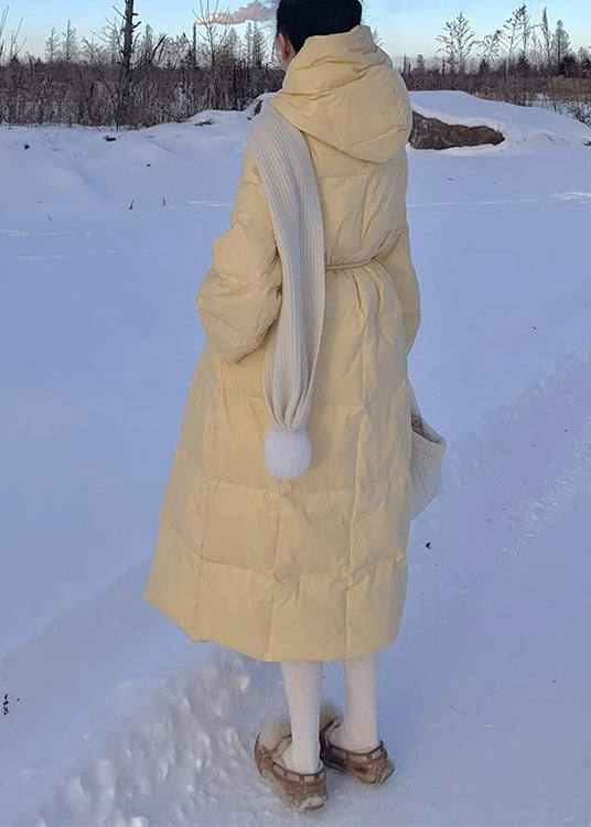 Fashion Yellow Hooded Tie Waist Fine Cotton Filled Puffers Jackets Winter