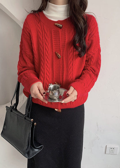 Fashion Yellow O Neck Button Cable Knit Cardigans Spring