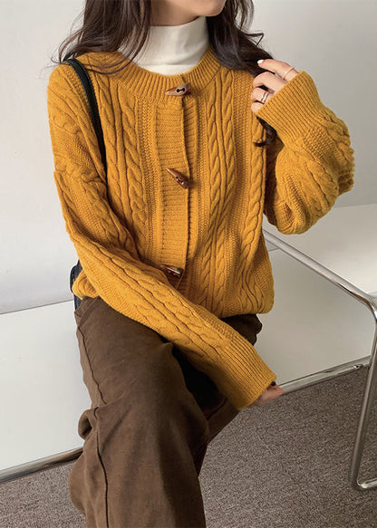 Fashion Yellow O Neck Button Cable Knit Cardigans Spring