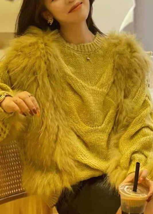 Fashion Yellow O-Neck Fuzzy Fur Fluffy Cotton Cozy Knit Sweaters Fall