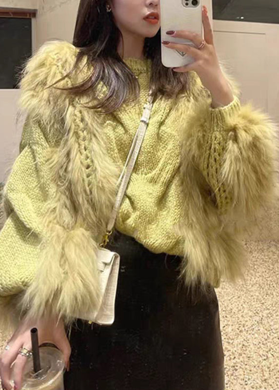 Fashion Yellow O-Neck Fuzzy Fur Fluffy Cotton Cozy Knit Sweaters Fall