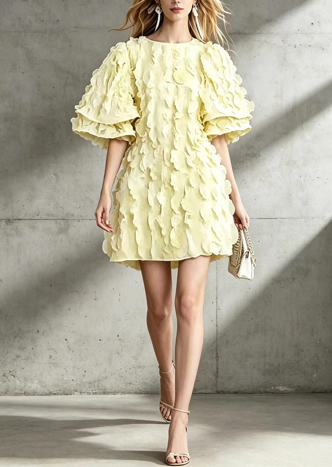 Fashion Yellow O-Neck Vacation Dress Flare Sleeve