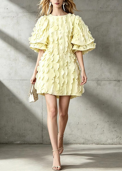 Fashion Yellow O-Neck Vacation Dress Flare Sleeve