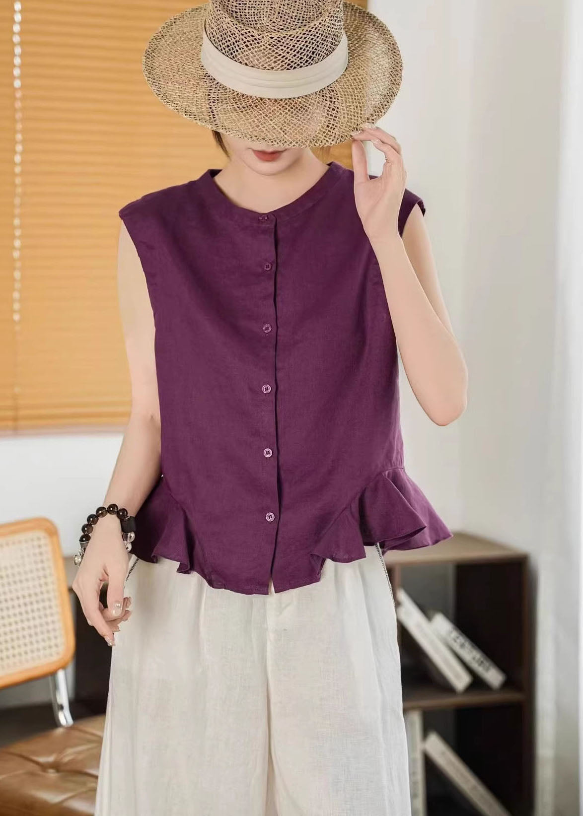 Fashion Yellow Ruffled Button Linen Shirt Tops Sleeveless