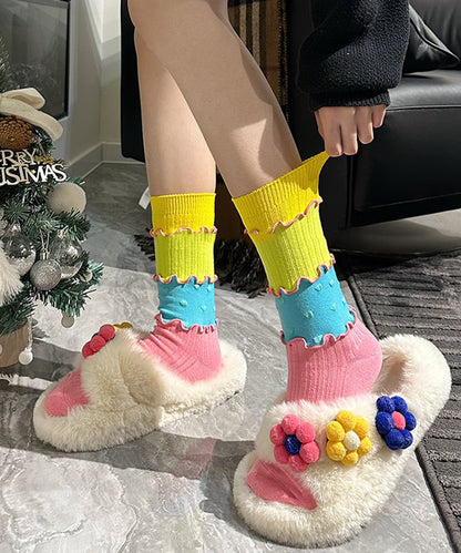 Fashion Yellow Ruffled Patchwork Cotton Mid Calf Socks