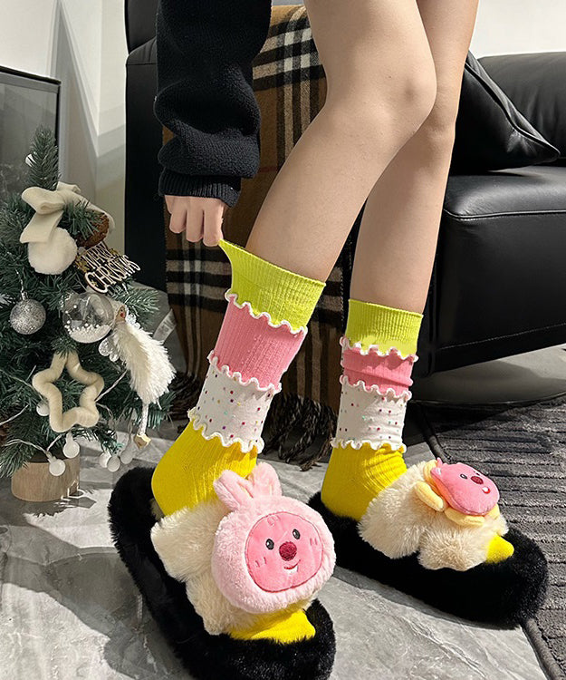 Fashion Yellow Ruffled Patchwork Cotton Mid Calf Socks