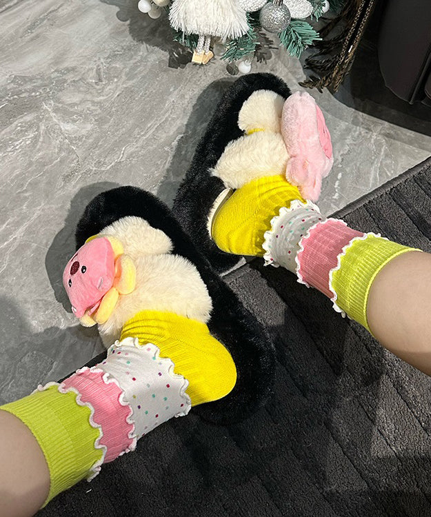 Fashion Yellow Ruffled Patchwork Cotton Mid Calf Socks