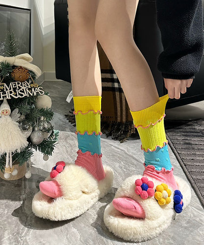 Fashion Yellow Ruffled Patchwork Cotton Mid Calf Socks