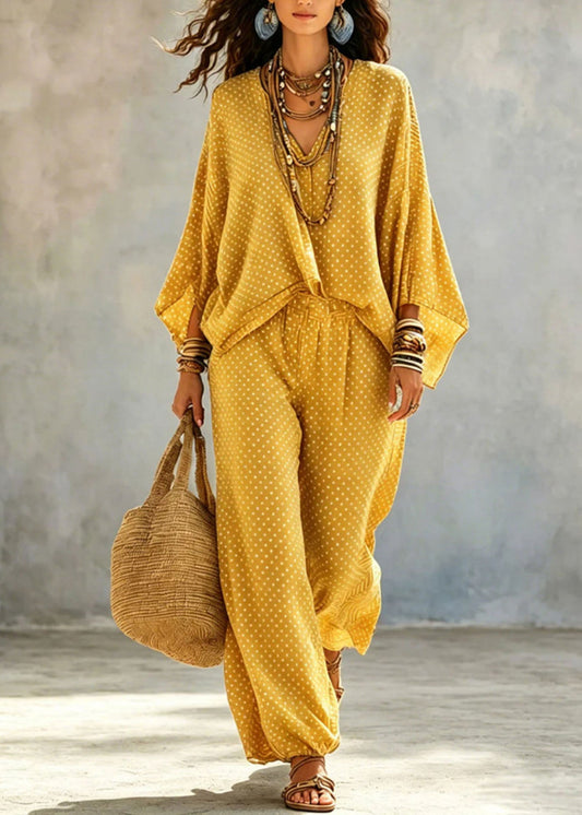 Fashion Yellow V Neck Print Top And Wide Leg Pants Two Pieces Set Fall
