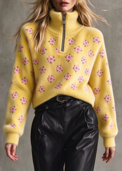 Fashion Yellow Zip Up Thick Floral Knit Sweater Fall