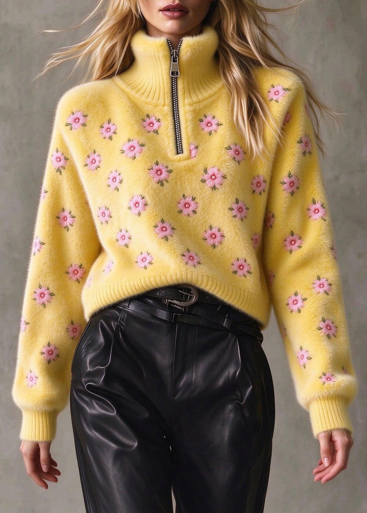 Fashion Yellow Zip Up Thick Floral Knit Sweater Fall