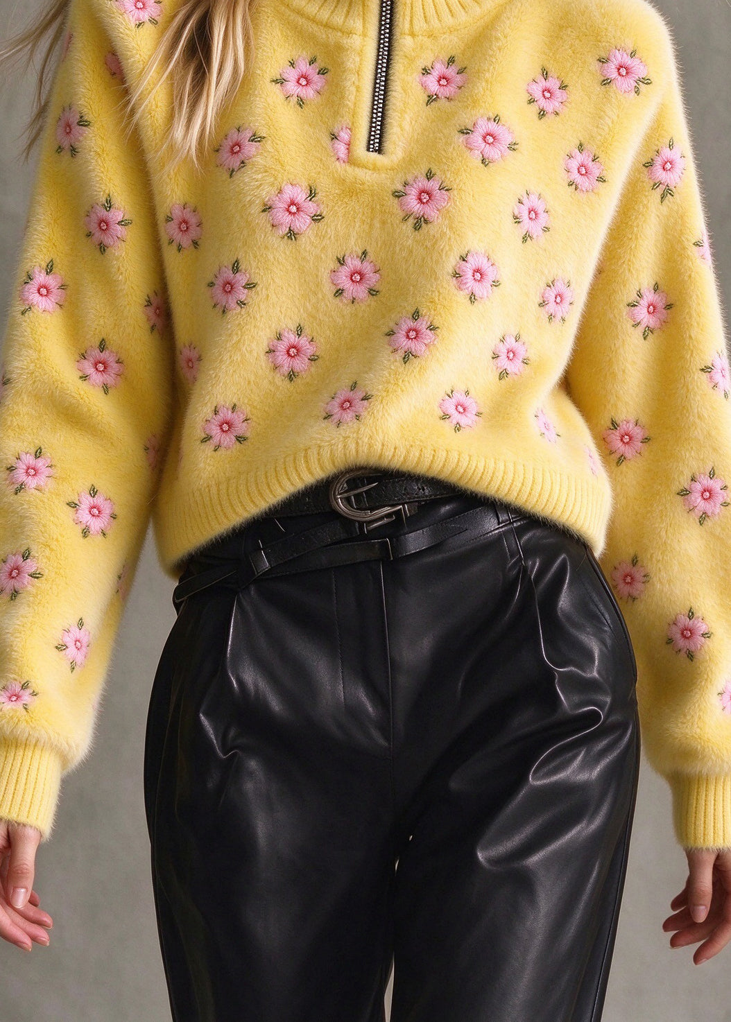 Fashion Yellow Zip Up Thick Floral Knit Sweater Fall