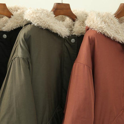 Fashion army green clothes hooded zippered casual knitwear fuzzy wool coat - SooLinen