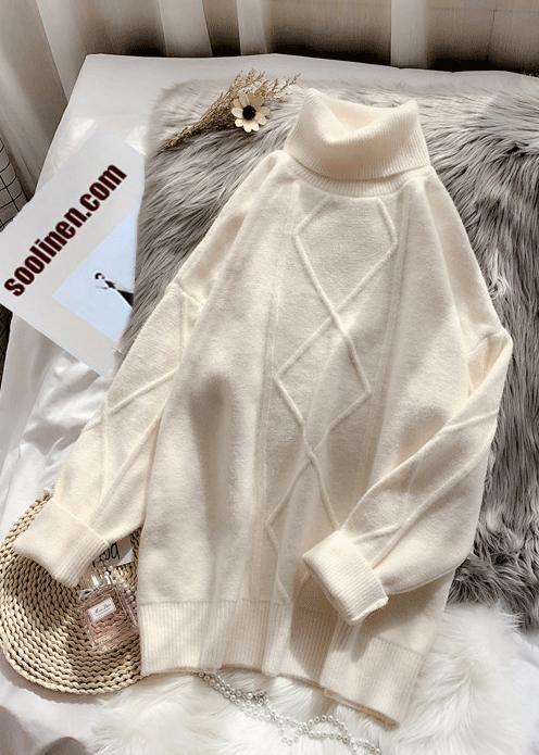 Fashion beige Sweater dresses DIY high neck long sleeve Mujer knitted tops - SooLinen