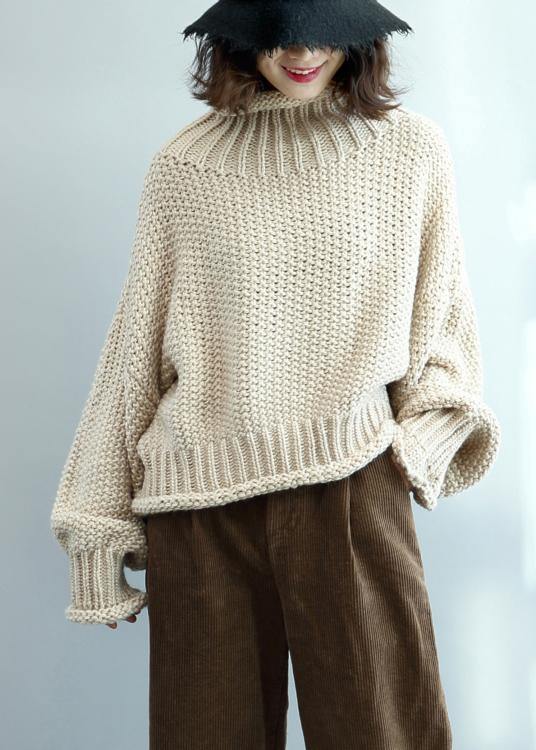 Fashion beige knit tops high neck lantern sleeve trendy plus size knit tops - SooLinen