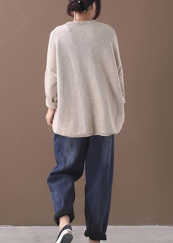 Fashion beige o neck knitted clothes oversize Batwing Sleeve knit sweat tops asymmetric hem - SooLinen