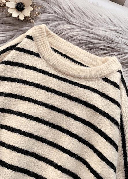 Fashion beige striped sweaters trendy plus size o neck low high design Sweater Blouse - SooLinen