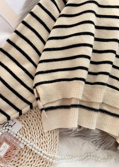 Fashion beige striped sweaters trendy plus size o neck low high design Sweater Blouse - SooLinen