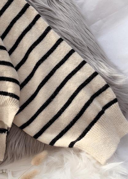 Fashion beige striped sweaters trendy plus size o neck low high design Sweater Blouse - SooLinen