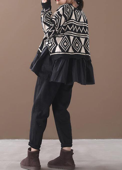 Fashion black Sweater Blouse patchwork plus size Geometry knitted blouse - SooLinen