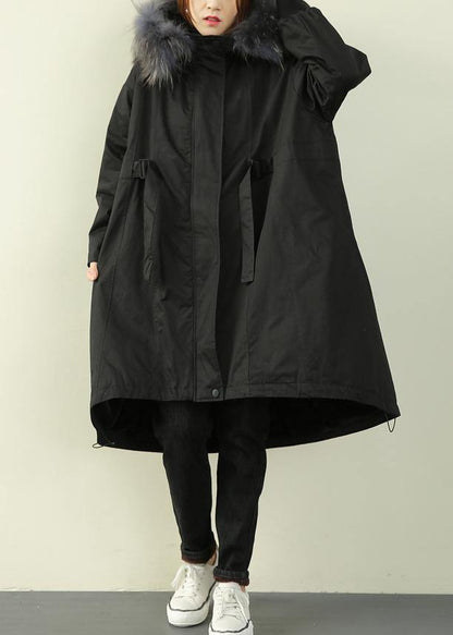 Fashion black fur collar long quilted padded coat women loose coats - SooLinen