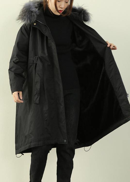 Fashion black fur collar long quilted padded coat women loose coats - SooLinen