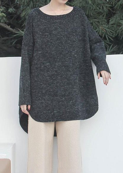 Fashion black knit sweat tops oversized o neck low high design knitted top - SooLinen