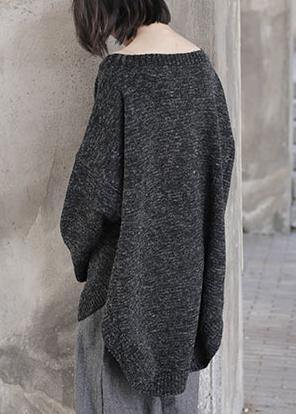Fashion black knit sweat tops oversized o neck low high design knitted top - SooLinen