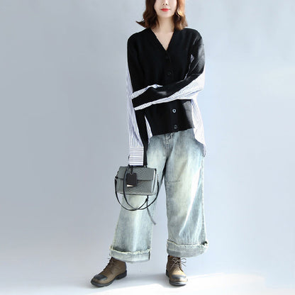 Fashion black striped cotton patchwork sweater tops plus size long sleeve sweater cardigan