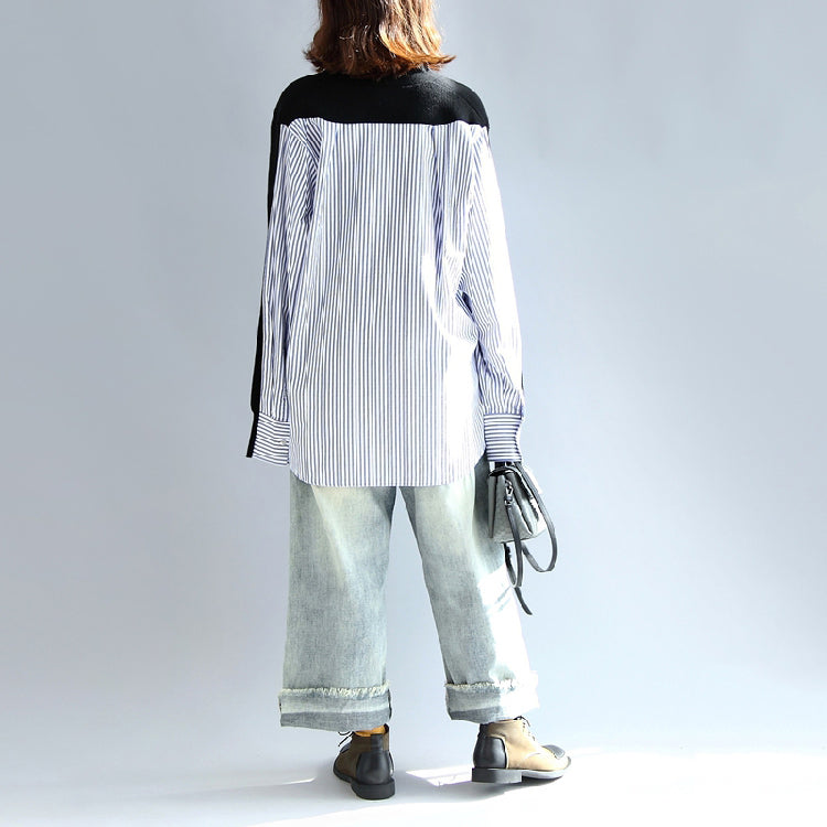 Fashion black striped cotton patchwork sweater tops plus size long sleeve sweater cardigan
