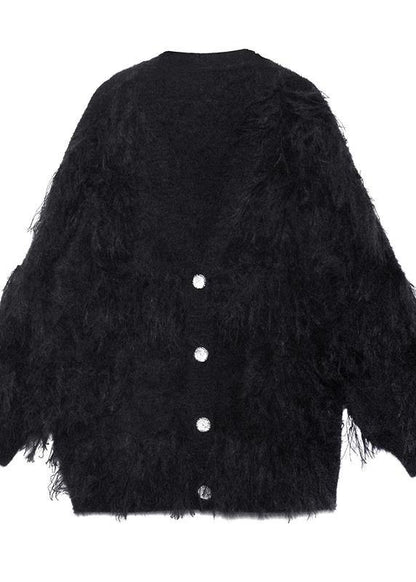 Fashion black sweaters casual v neck Tassel clothes For Women - SooLinen