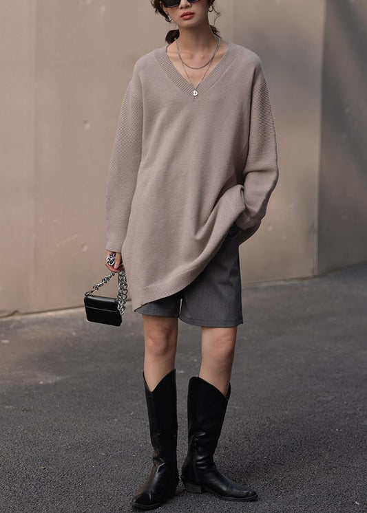 Fashion brown knit blouse v neck Loose fitting fall knitted blouse - SooLinen