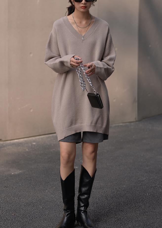 Fashion brown knit blouse v neck Loose fitting fall knitted blouse - SooLinen